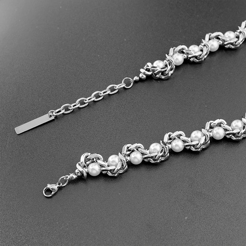 Heavy Duty Silver Color Thick Chain Pearl Necklace