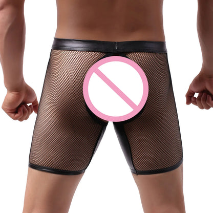 Men's Sexy Mesh Transparent PU Leather Boxer Shorts.