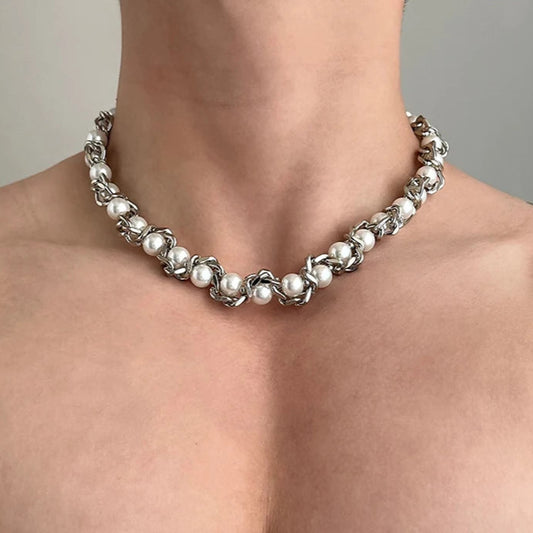 Heavy Duty Silver Color Thick Chain Pearl Necklace