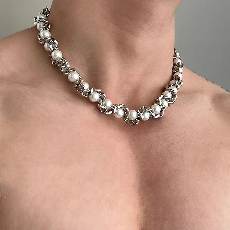 Heavy Duty Silver Color Thick Chain Pearl Necklace