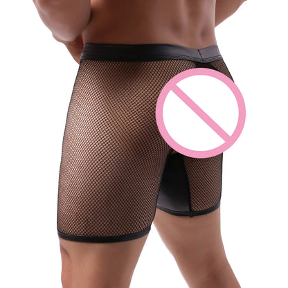 Men's Sexy Mesh Transparent PU Leather Boxer Shorts.