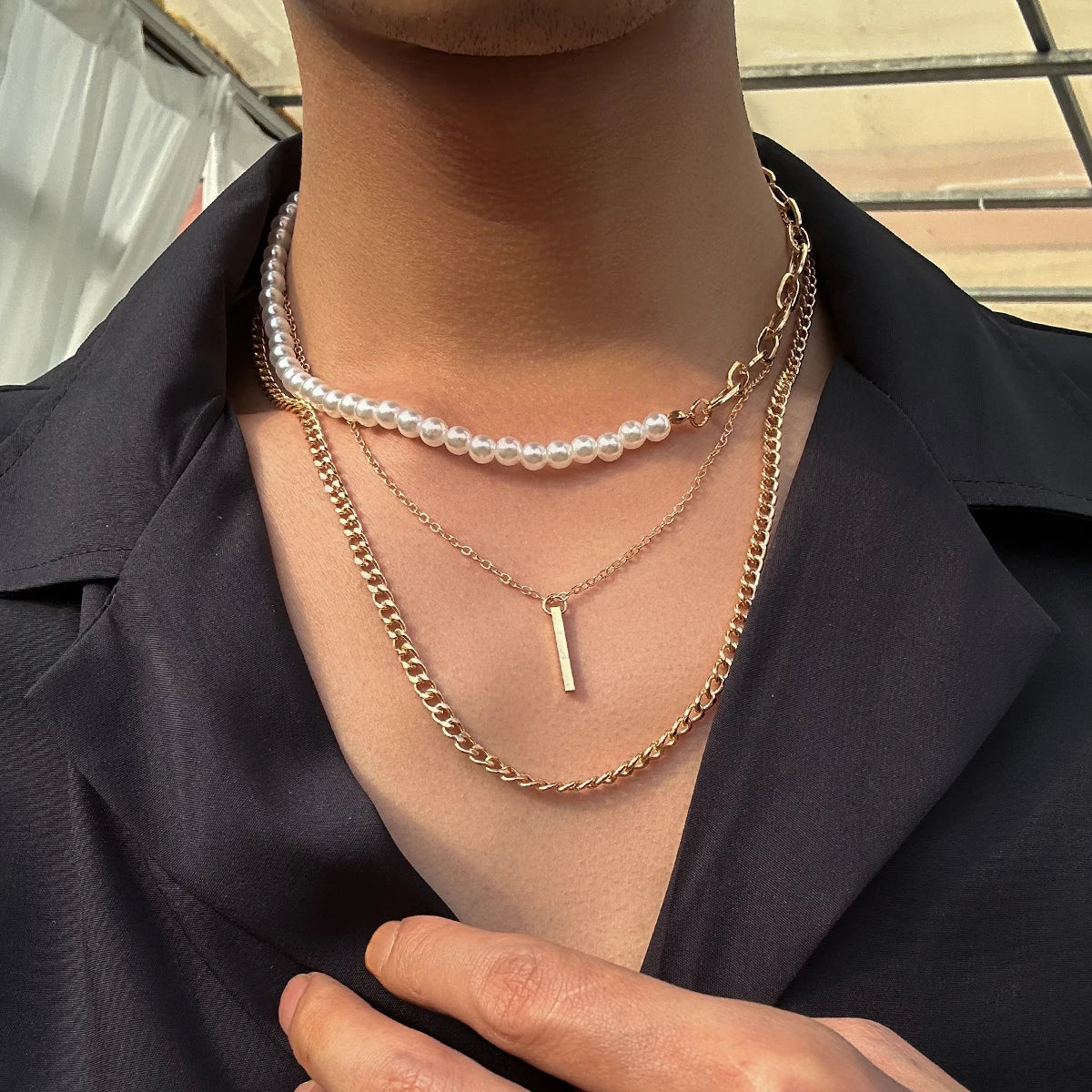 Asymmetric Pearl Chain with Stick Pendants