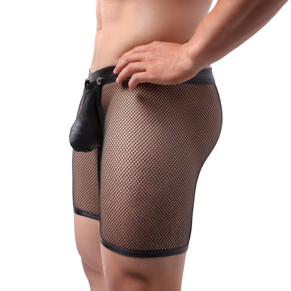 Men's Sexy Mesh Transparent PU Leather Boxer Shorts.