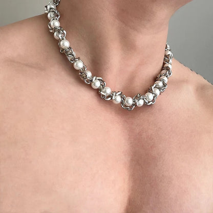 Heavy Duty Silver Color Thick Chain Pearl Necklace