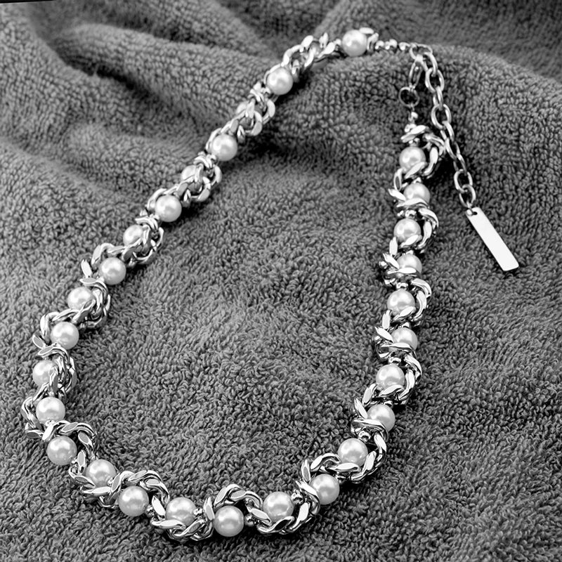 Heavy Duty Silver Color Thick Chain Pearl Necklace