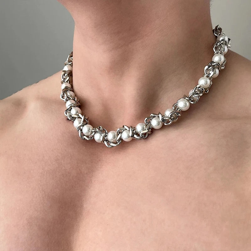 Heavy Duty Silver Color Thick Chain Pearl Necklace